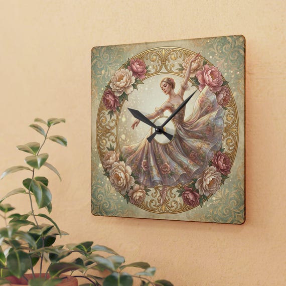 Vintage Ballerina Illustration Acrylic Wall Clock | Floral Victorian Dance Artwork