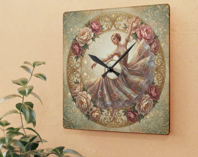 Vintage Ballerina Illustration Acrylic Wall Clock | Floral Victorian Dance Artwork