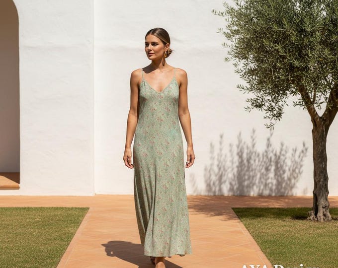Sage Green Floral Maxi Dress | Vintage Boho Summer Slip Style