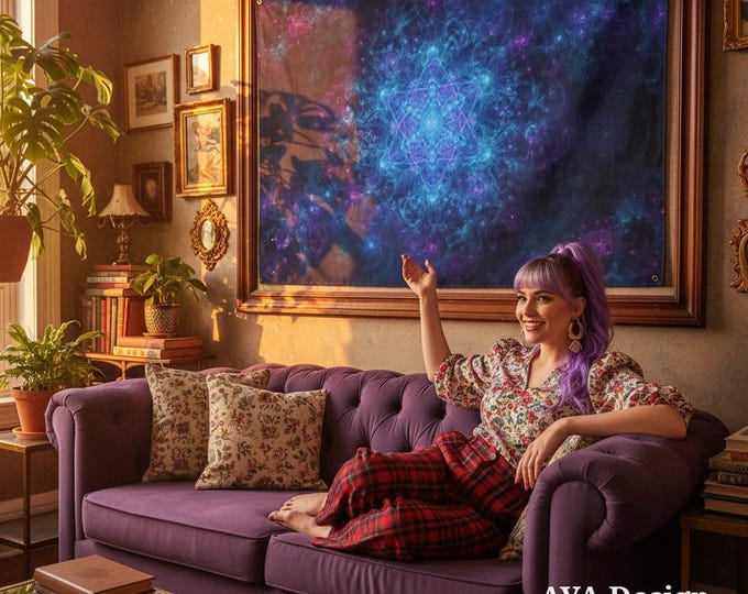 Sacred Geometry Tapestry | Blue Fractal Cosmic Wall Art (60x40 USA)