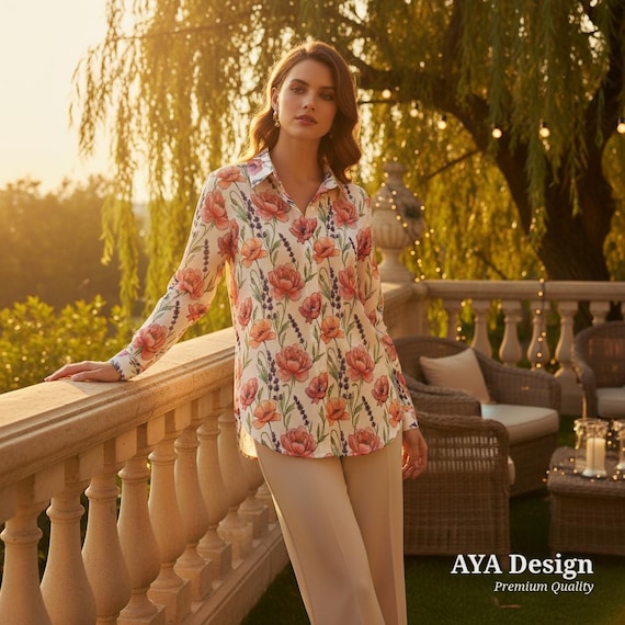 Watercolor Floral Button Down Shirt | Poppy Lavender Print Blouse, Romantic Spring Top