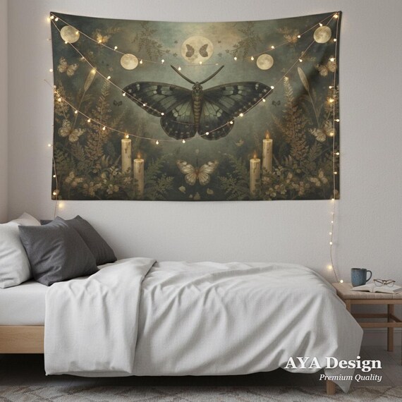 Dark Academia Moth Tapestry, Botanical Moon Phase Wall Hanging, Moody Goth Dorm Decor
