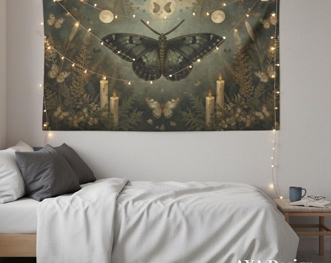 Dark Academia Moth Tapestry, Botanical Moon Phase Wall Hanging, Moody Goth Dorm Decor