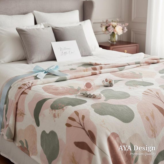 Boho Botanical Fleece Throw Blanket, Sage Green Blush Pink Abstract, Earthy Nursery Decor