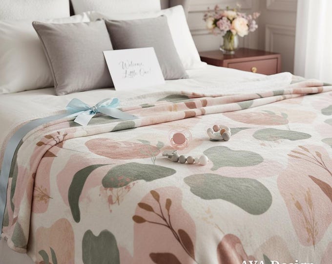 Boho Botanical Fleece Throw Blanket, Sage Green Blush Pink Abstract, Earthy Nursery Decor