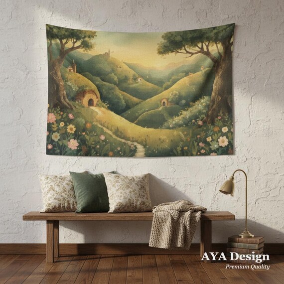 Fantasy Village Landscape Tapestry | Cozy Golden Hour Meadow Wall Art (60x40)