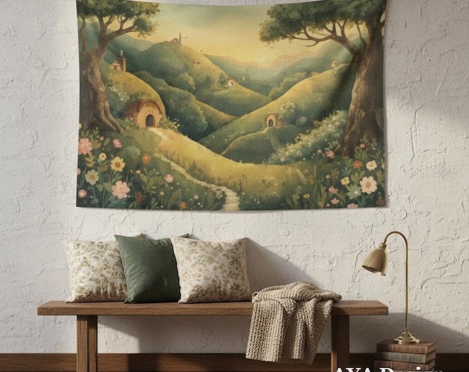 Fantasy Village Landscape Tapestry | Cozy Golden Hour Meadow Wall Art (60x40)