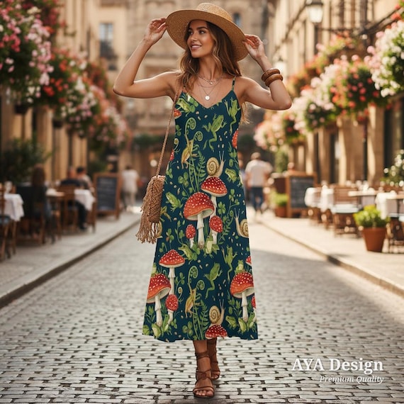 Enchanted Forest Maxi Dress, Mushroom Frog Print, Cottagecore Goblincore Sundress