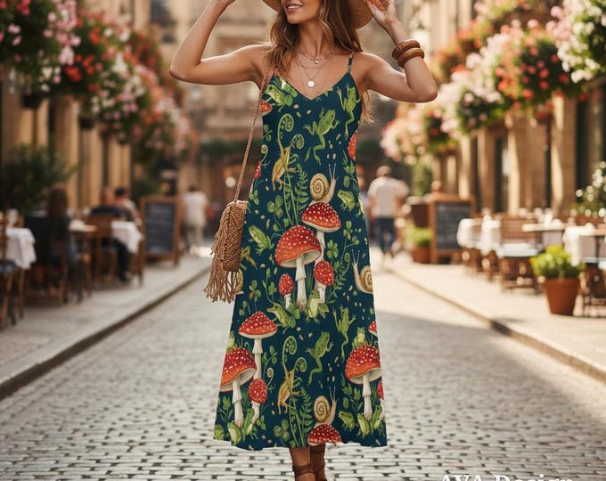 Enchanted Forest Maxi Dress, Mushroom Frog Print, Cottagecore Goblincore Sundress