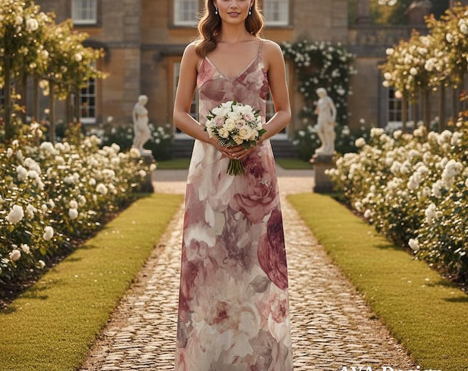 Watercolor Floral Maxi Dress, Vintage Rose Bridesmaid, Garden Wedding Guest Gown