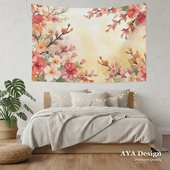 Watercolor Cherry Blossom Tapestry | Tropical Floral Spring Wall Hanging