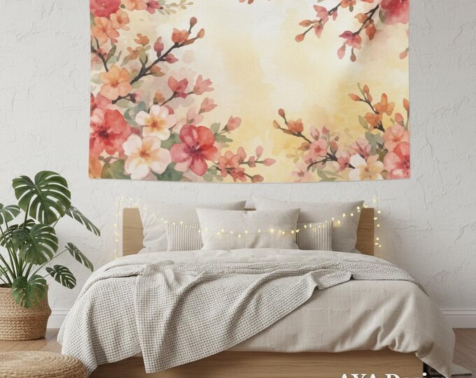 Watercolor Cherry Blossom Tapestry | Tropical Floral Spring Wall Hanging