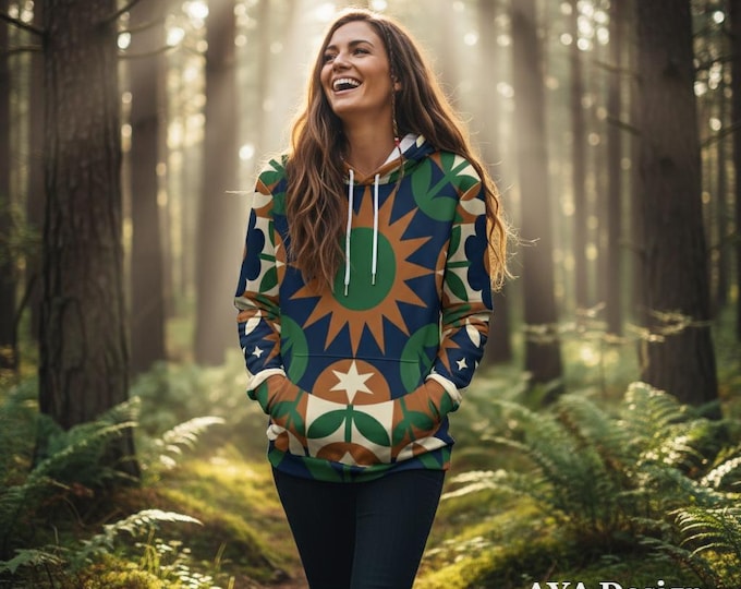 Retro Boho Botanical Hoodie | Mid Century Sun Nature Pullover | 70s Festival Style Sweatshirt