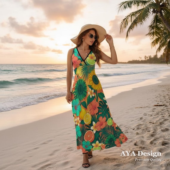 Tropical Citrus Floral Maxi Dress, Sleeveless V-Neck Summer Beach Resort Wear