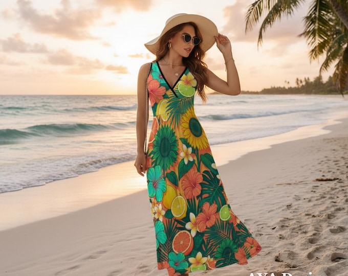 Tropical Citrus Floral Maxi Dress, Sleeveless V-Neck Summer Beach Resort Wear