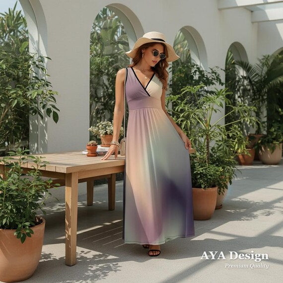 Pastel Ombre Maxi Dress | Sleeveless V-Neck Flowy Boho Beach Resort Wear