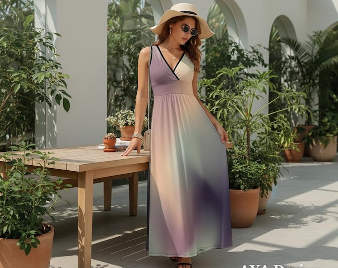 Pastel Ombre Maxi Dress | Sleeveless V-Neck Flowy Boho Beach Resort Wear