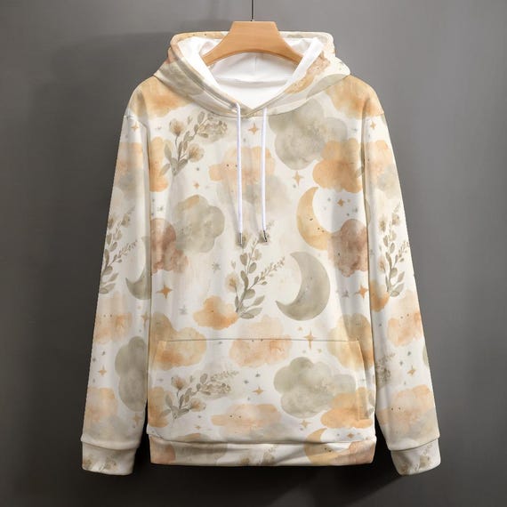 Boho Celestial Hoodie | Watercolor Moon Cloud Botanical Pullover