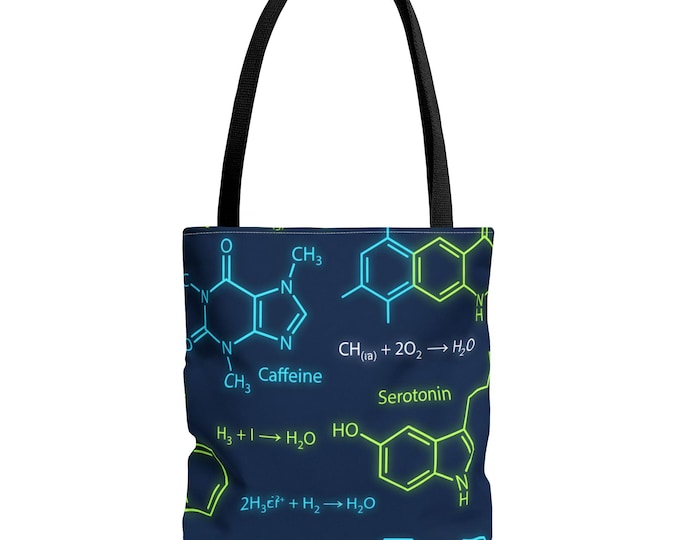 Chemistry Tote Bag, Neon Science Molecules, Caffeine Serotonin Print, STEM Gift