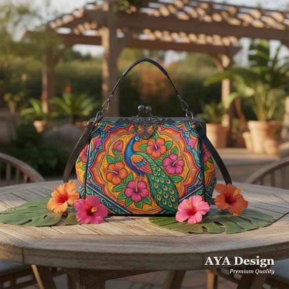 Colorful Peacock Boho Kisslock Bag, Maximalist Floral Crossbody Purse, Vintage Style Handbag