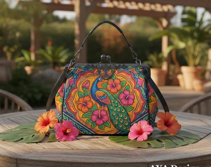 Colorful Peacock Boho Kisslock Bag, Maximalist Floral Crossbody Purse, Vintage Style Handbag