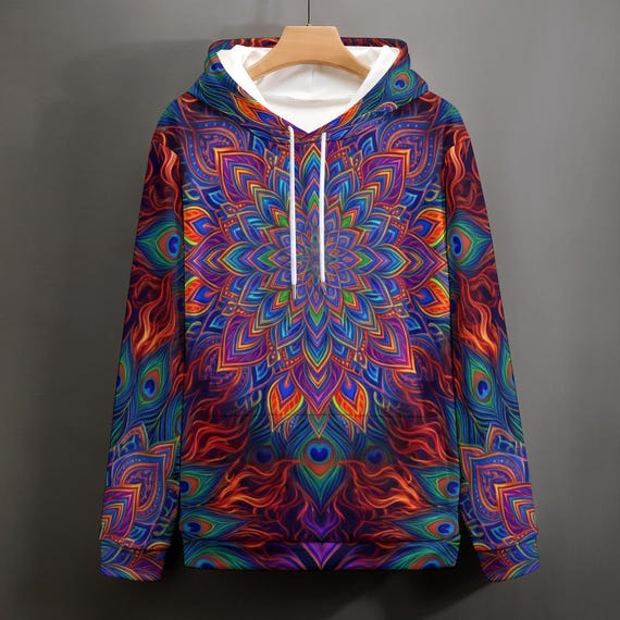 Psychedelic Mandala Hoodie | Vibrant Peacock Feather Festival Sweatshirt | Boho Rave Pullover