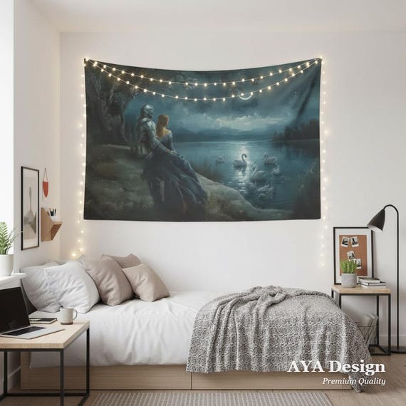 Swan Lake Tapestry – Knight Princess Moonlit Lake Dark Academia Wall Hanging
