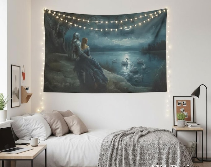 Swan Lake Tapestry – Knight Princess Moonlit Lake Dark Academia Wall Hanging