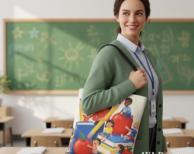 Teacher Tote Bag | Classroom Illustration, Books, Apples, Pencils, Gift