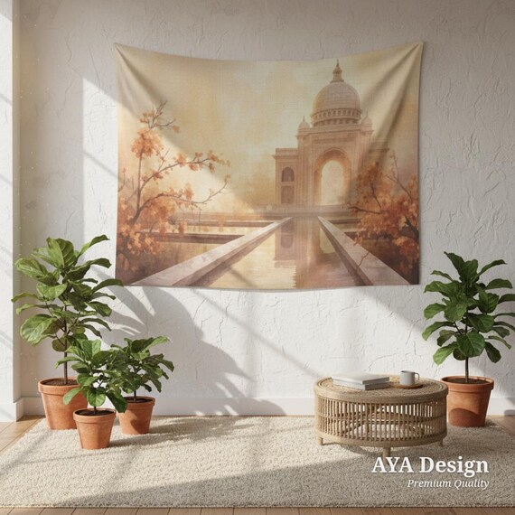 Ethereal Taj Mahal Tapestry | Watercolor Palace Wall Hanging, Peach Blossom Art (60x40")