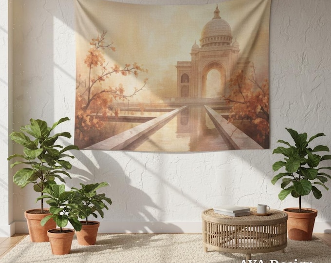 Ethereal Taj Mahal Tapestry | Watercolor Palace Wall Hanging, Peach Blossom Art (60x40")
