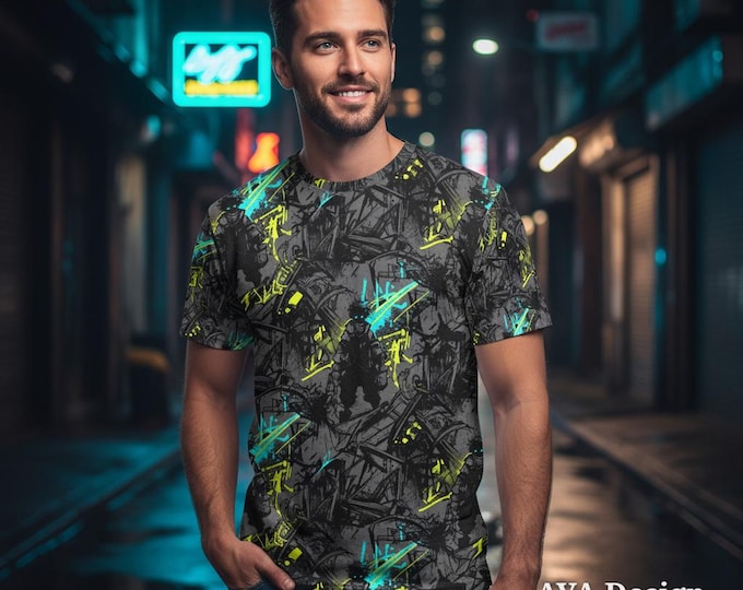 Dark Anime Streetwear Shirt, Cyberpunk All Over Print Graphic Tee, Grunge Japanese Manga Apparel