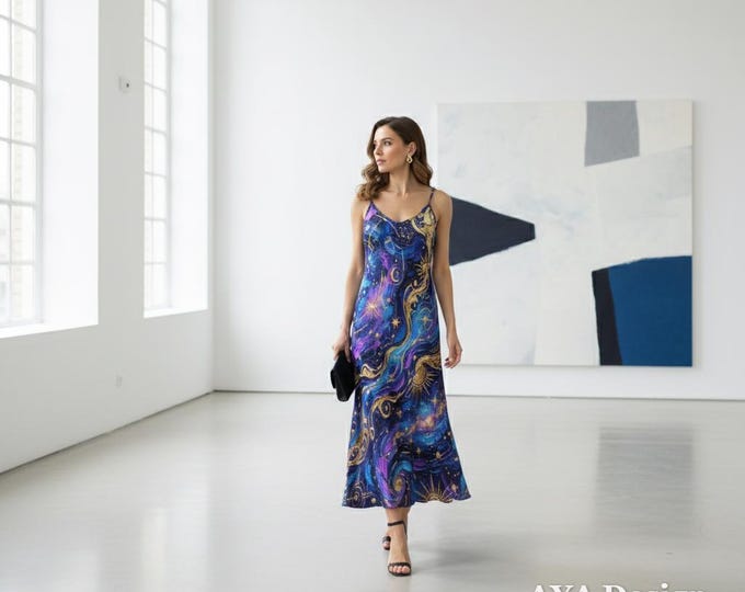 Celestial Starry Night Maxi Dress, Galaxy Sun Moon Print, Boho Festival Gown