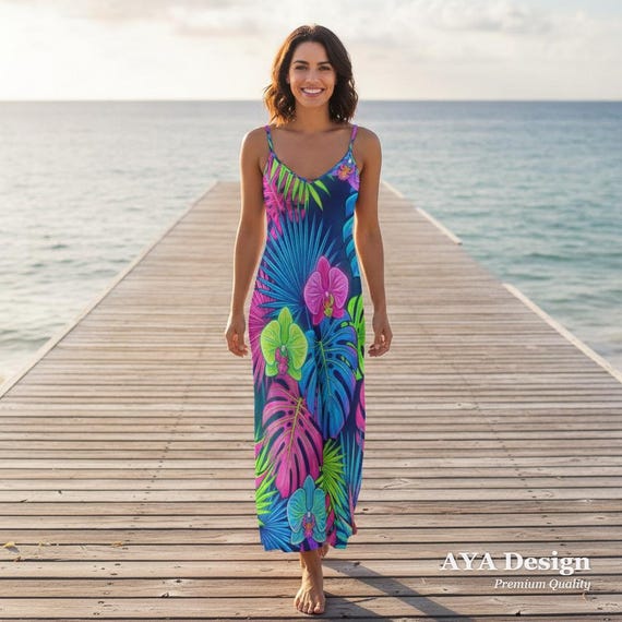 neon beach dress Tropical Maxi Dress style:With Choker wedding guests Hello2026Sale Cowl Neck Handkerchief Hem