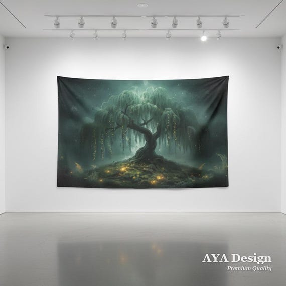 Enchanted Forest Tapestry, Magical Willow Tree Wall Art, Fairycore Teal Green Decor