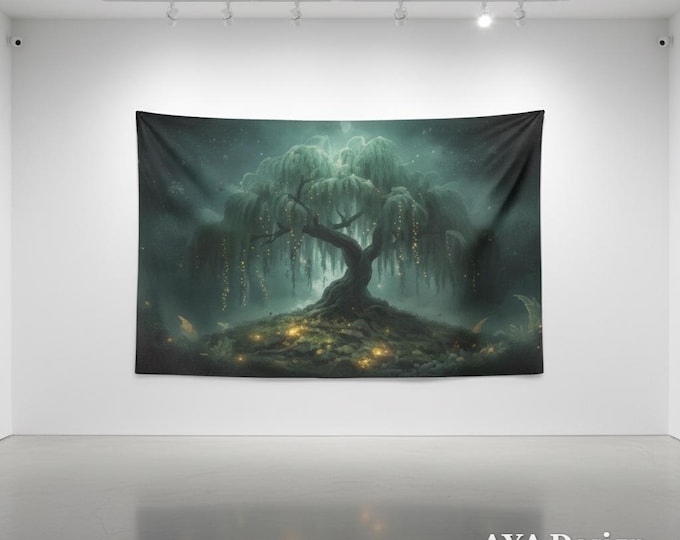 Enchanted Forest Tapestry, Magical Willow Tree Wall Art, Fairycore Teal Green Decor