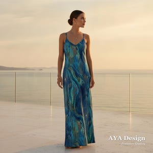 Vestido largo de fiesta formal de cóctel con estampado abstracto azul patina estilo boho renacentista de fantasía de hadas