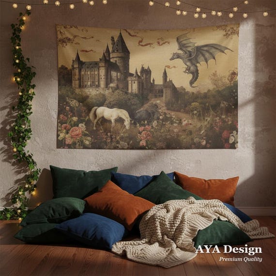 Medieval Castle Dragon Tapestry, Vintage Fantasy Wall Art, Dark Academia Decor (60x40)