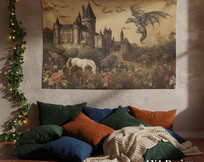 Medieval Castle Dragon Tapestry, Vintage Fantasy Wall Art, Dark Academia Decor (60x40)