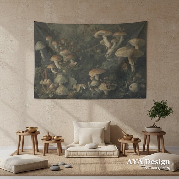 Dark Academia Mushroom Tapestry, Vintage Botanical Fungi Wall Art, Moody Forest Decor (60"x40")