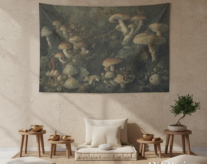 Dark Academia Mushroom Tapestry, Vintage Botanical Fungi Wall Art, Moody Forest Decor (60"x40")