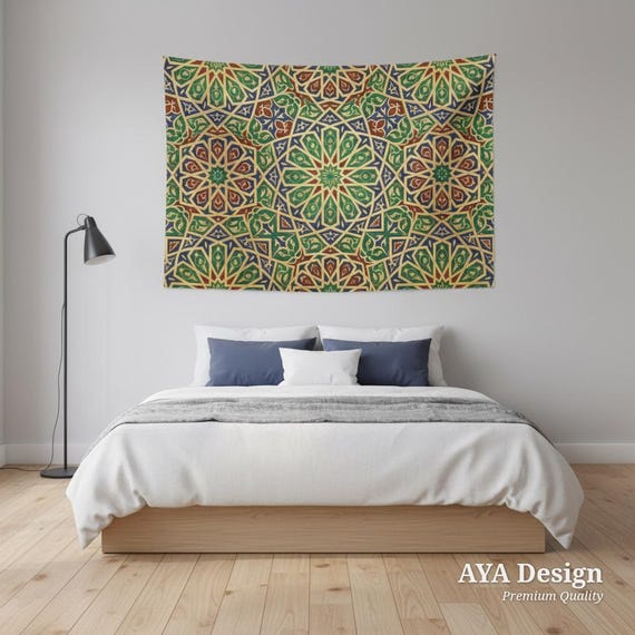 Moroccan Geometric Tapestry 60x40, Emerald Green Gold Arabesque Wall Hanging