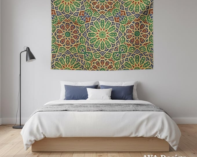 Moroccan Geometric Tapestry 60x40, Emerald Green Gold Arabesque Wall Hanging