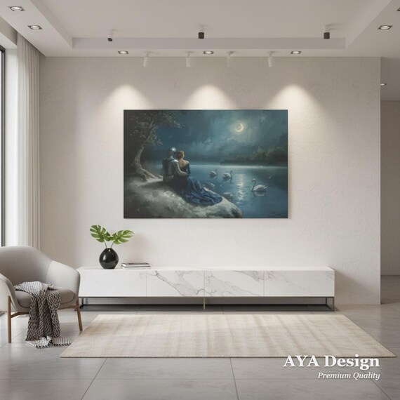 Moonlit Swan Lake Tapestry | Knight, Swans, Medieval Fairy Tale Wall Hanging (60x40)