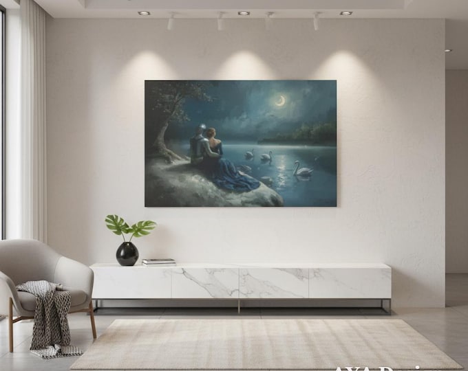 Moonlit Swan Lake Tapestry | Knight, Swans, Medieval Fairy Tale Wall Hanging (60x40)