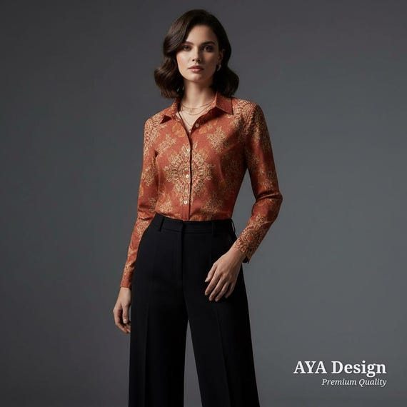 Terracotta Mandala Print Button Down Shirt – Burnt Orange Long Sleeve Blouse