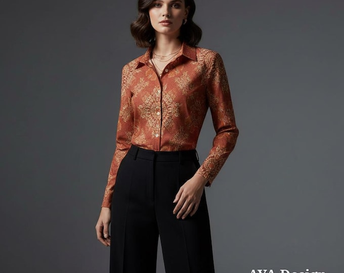 Terracotta Mandala Print Button Down Shirt – Burnt Orange Long Sleeve Blouse