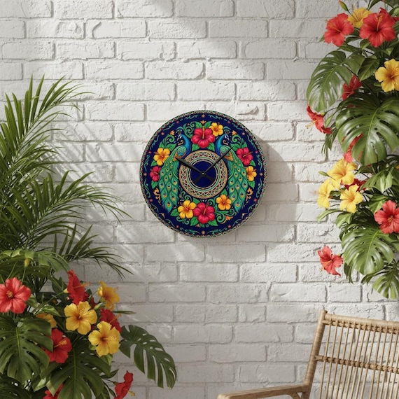 Tropical Peacock Floral Acrylic Wall Clock | Colorful Hibiscus Decor