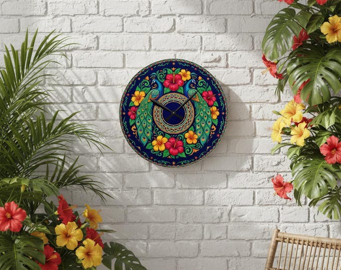 Tropical Peacock Floral Acrylic Wall Clock | Colorful Hibiscus Decor