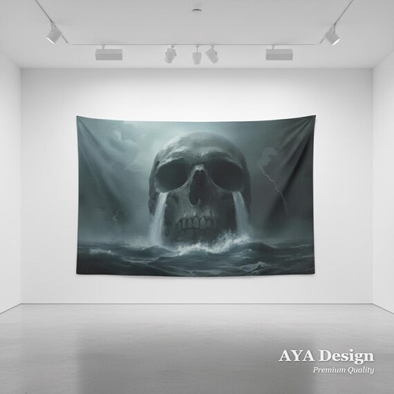 Dark Fantasy Skull Tapestry | Gothic Ocean Stormy Wall Art (90"x60")